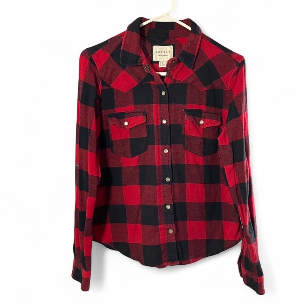 Forever 21 Red Black Plaid Flannel Button-Up Long Sleeve Shirt M S
